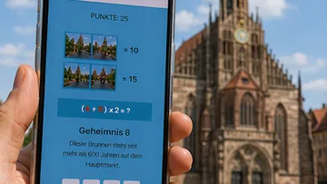 Hand holds phone with math puzzle, church background.