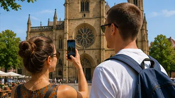 Tourists photographing a cathedral facade.