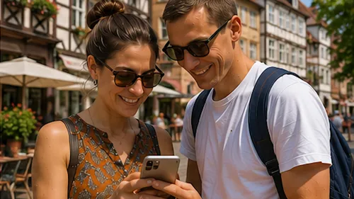 Two people smiling, looking at smartphone outdoors.