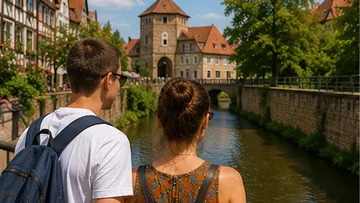 Two people overlooking scenic river in town.