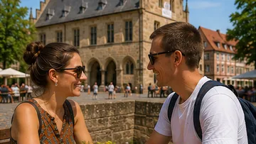 Couple smiling outside historic building.