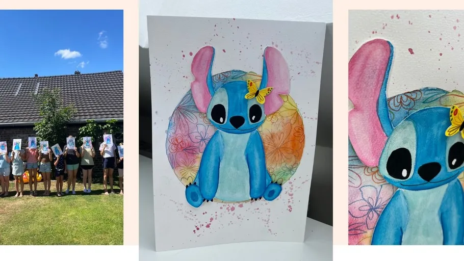 Students hold drawings outside; Stitch artwork displayed.