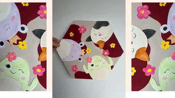 Gemalte Tiere und Blumen auf sechseckiger Leinwand.