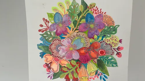 Colorful floral painting with abstract design.