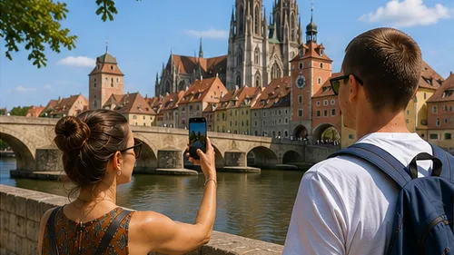 Touristen fotografieren Kathedrale am Fluss.