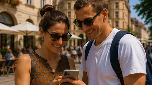 Two people smiling, looking at phone outdoors.