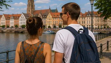 Couple walking by river, historic buildings behind.