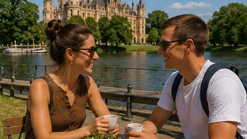 Couple drinking coffee by riverside castle.