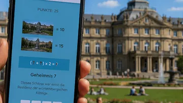 Smartphone showing puzzle app in front of palace.
