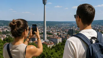 Two people photographing city skyline on hill.