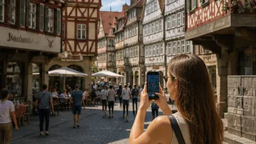 Woman photographing historic street buildings.