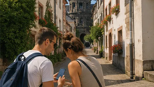 Paar schaut auf Handy nahe historisches Gebäude.