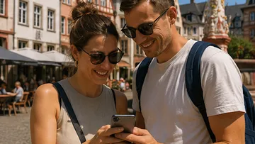 Smiling couple looking at phone outdoors.