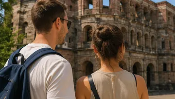 Zwei Touristen besichtigen antikes Steingebäude.