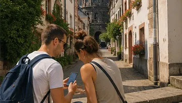 Zwei Personen schauen auf Handy in Altstadt.