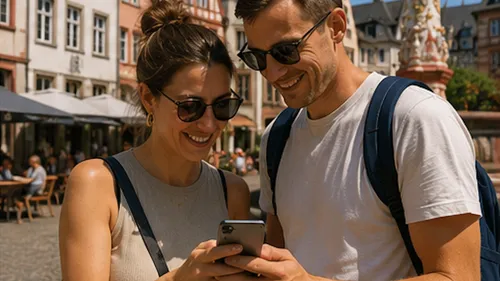 Paar schaut draußen auf ein Handy.