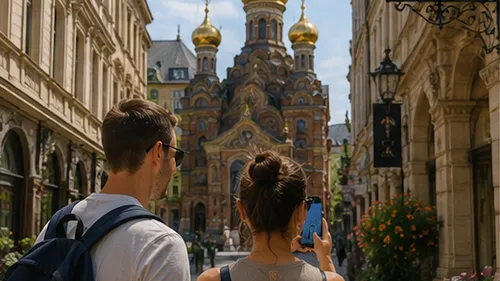 Zwei Touristen fotografieren prunkvolle Kirchenstraße.