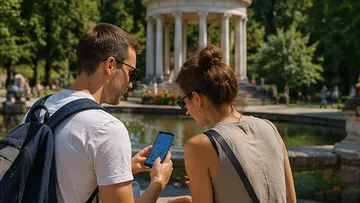 Couple looking at phone in park with pond.