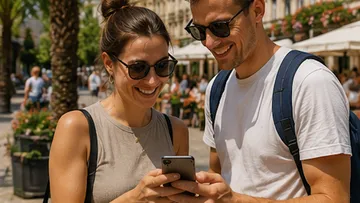 Zwei Personen lächeln, schauen auf ein Handy draußen.
