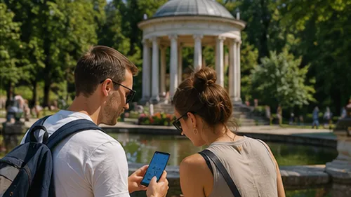 Zwei Personen betrachten Handy im Garten.