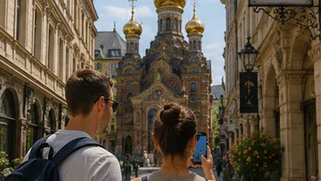 Zwei Touristen gehen auf prunkvolle Kirche zu.