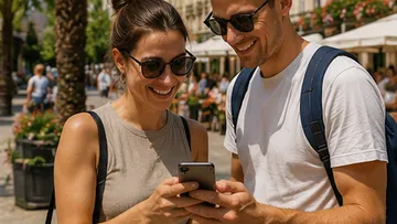 Zwei Personen lächeln, schauen auf Handy draußen.