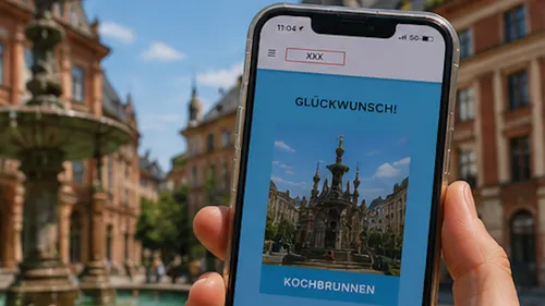 Hand hält Smartphone mit Brunnenbild.
