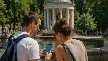 Zwei Personen schauen Handy nahe Parkpavillon.