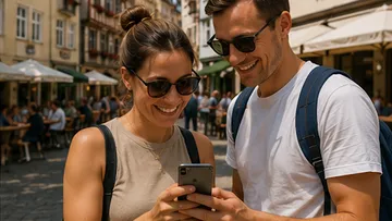 Couple smiling at phone outdoors, sunny day.