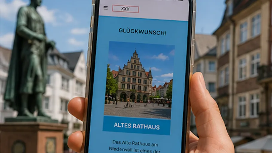Hand hält Handy mit Rathausbild.