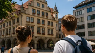 Zwei Personen betrachten historische Gebäudefassade.