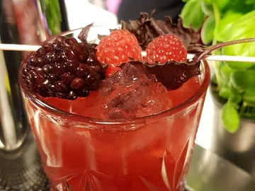 Fruity cocktail with berries and ice in a glass.