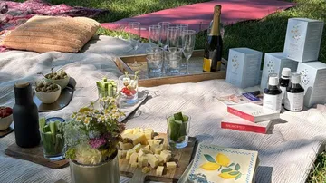Picknick-Aufbau mit Getränken und Snacks im Freien.