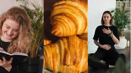 Frau schreibt, Croissants, Frau meditiert drinnen.