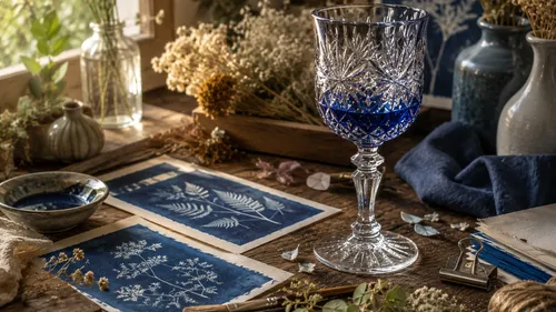Blaues Glas, Cyanotypien, Trockenblumen auf Tisch.