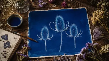 Cyanotypie Distel-Illustration auf rustikalem Tisch.