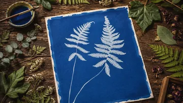 Farnsilhouette auf blauem Papier von Blättern umgeben.
