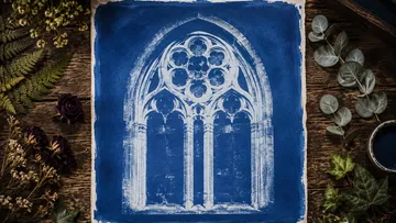 Cyanotype print of a Gothic window, surrounded by leaves.