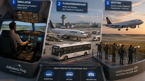 Pilot in simulator, airport bus, plane spotting.