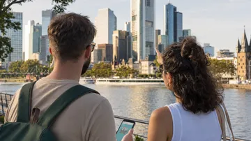 Paar betrachtet Skyline am Flussufer.