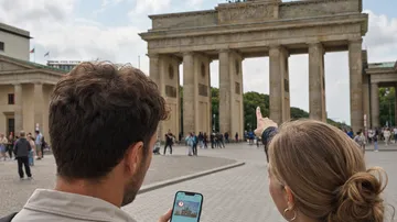 Zwei Personen zeigen auf Brandenburger Tor.