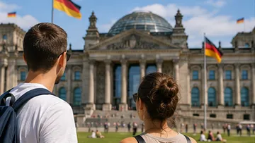 Paar bewundert historisches Gebäude, deutsche Flaggen sichtbar.