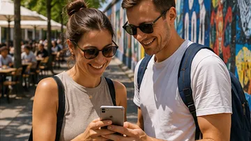 Paar lächelt auf Handy, bunte Wandmalerei dahinter.