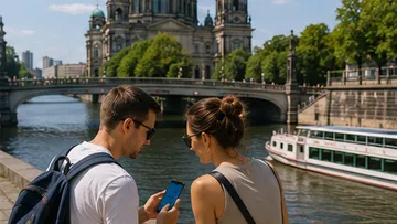Touristen nutzen Handy am Fluss, Dom im Hintergrund.