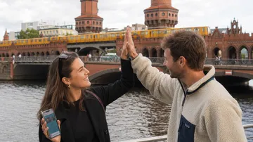 Zwei Menschen geben sich High-Five nahe Berliner Brücke.