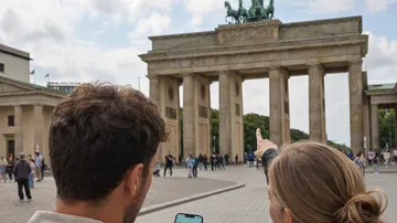 Zwei Personen zeigen auf das Brandenburger Tor.
