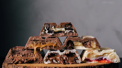 Chocolate pieces showing various fillings.