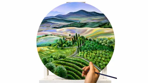 Hand malt Toskana-Landschaft auf runder Leinwand.