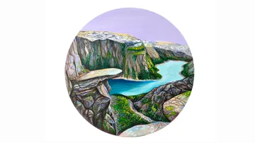 Cliff overhangs fjord in round painting.