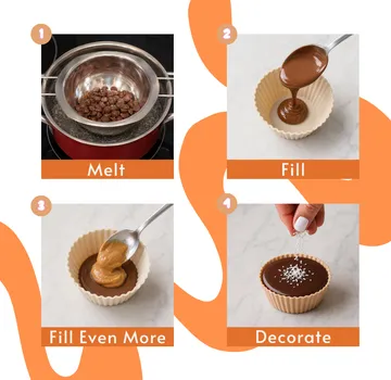 Collage showing chocolate melting and filling process.
